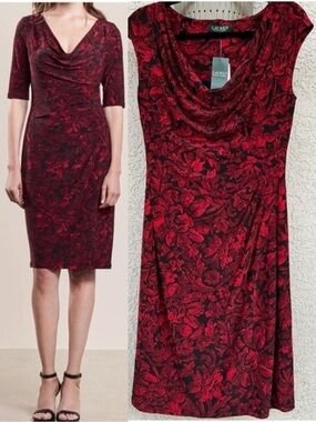 NWT Ralph Lauren Cowl Neck Jersey Sheath Floral Midi Dress Size 10 Cocktail Red